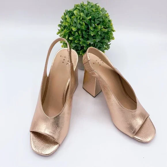 METALLIC GOLD BLOCK HEEL SLINGBACK HEELS - 7.5 - Picture 4 of 9